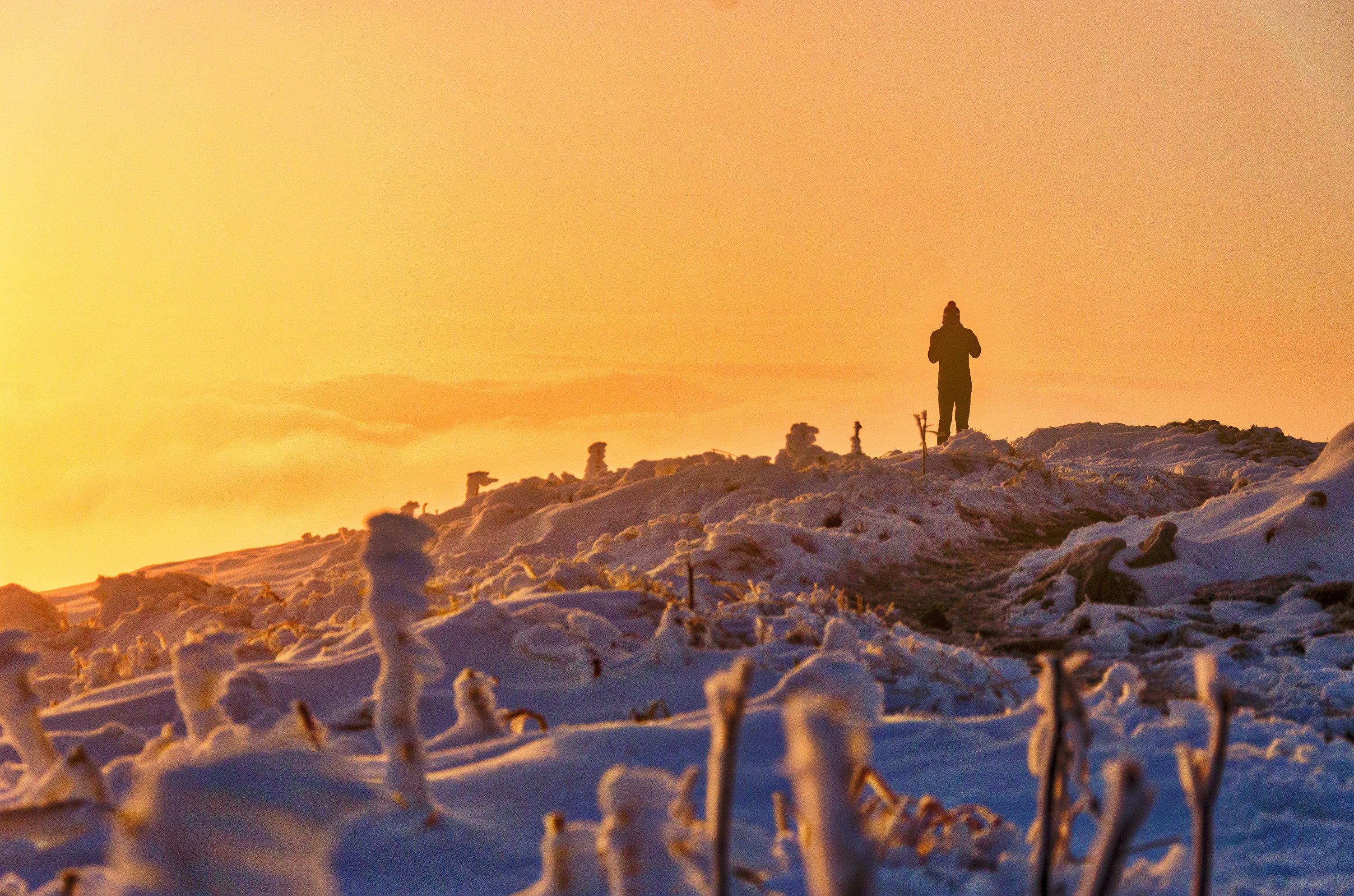 human standing on snow covered mountain